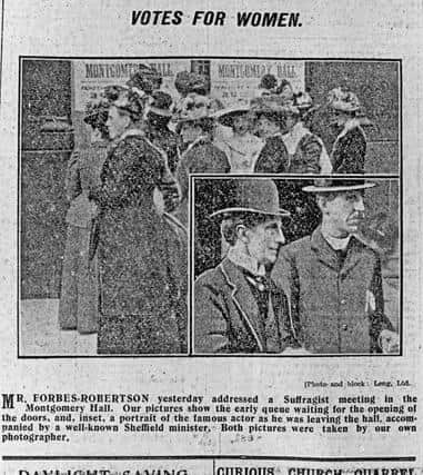 Sheffield Women's Suffrage Society Meeting at the Montgomery Hall, addressed by actor Mr Forbes -Robertson in Sheffield city centre - September 1, 1909.