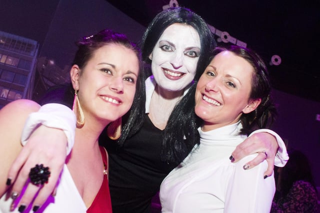 Emma Lawson (Goddess Aphrodite), Jodie Barlow (Wednesday Adams) and Dawn Lally (Princess Leia) at Sheffield's Biggest Fancy Dress Ball in The Hubs, Hallam University, Paternoster Row, Sheffield in April 2013