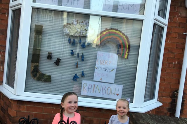 Mansfield rainbow pictures. 
We did incy wincy with our rainbow because even when it poured incy wincy didn’t give up with. We’ve wrote after every storm there’s a rainbow Poppy aged 4 and Lucy aged 3. Picture sent in by Chloe Bray.