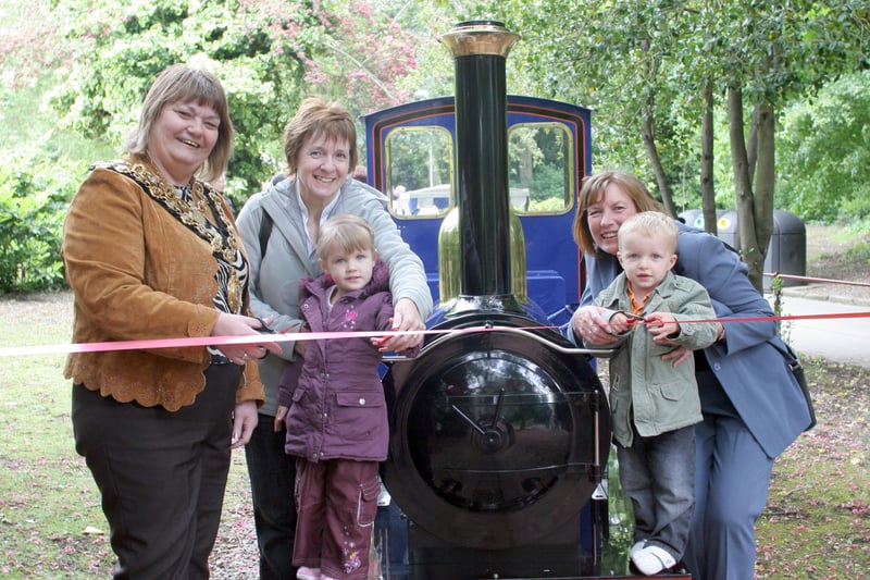 The new train was unveiled in Queens Park in 2007 l to r  mayor Cllr. Chris Ludlow, Sheila Wells, Bethany Fox, Pat Marples, Billy Bartles