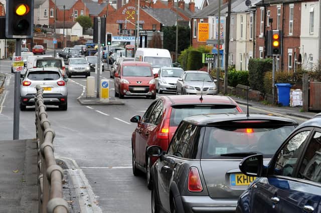 Heavy traffic on Derby Road, Chesterfield, which has been revealed as the area's most dangerous road.