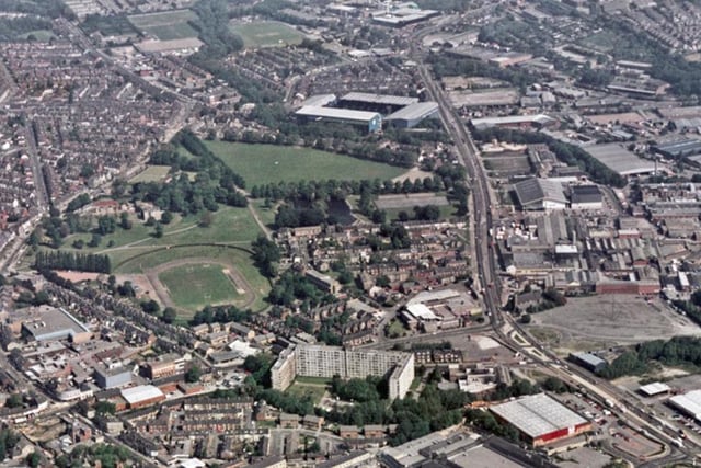 An aerial view of Hillsborough in 1994 showing Sheffield Wednesday's stadium in the top left