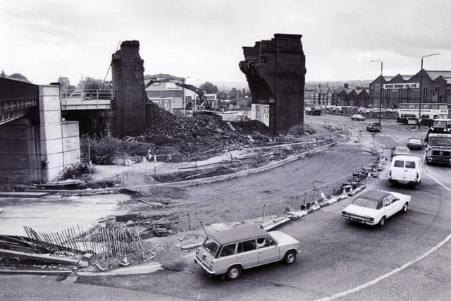 The demolition of the old Horns Railway Bridge in 1984 - once part of a viaduct that straggled the main Derby Road, it was knocked down to make way for the new bypass.