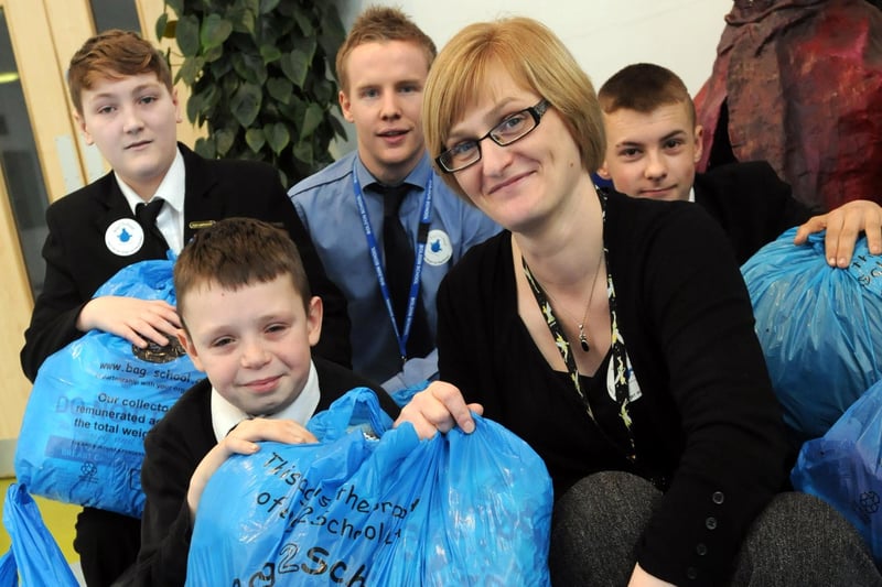 A 2013 photo showing the Bag 2 School donation collections at Boldon School. Front is Cain Murray with teacher Clare Turnbull. Back from left to right is Dominic Batay,  Iain Usher and Dylan Steadman.