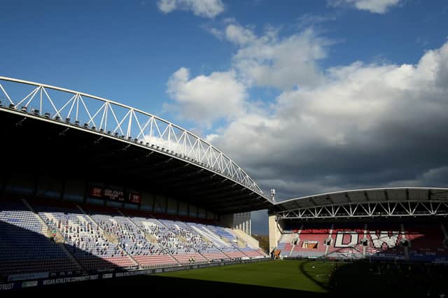 WIGAN, ENGLAND - APRIL 13: A general view inside the stadium prior to the Sky Bet League One match between Wigan Athletic and Sunderland at DW Stadium on April 13, 2021 in Wigan, England. (Photo by Lewis Storey/Getty Images)