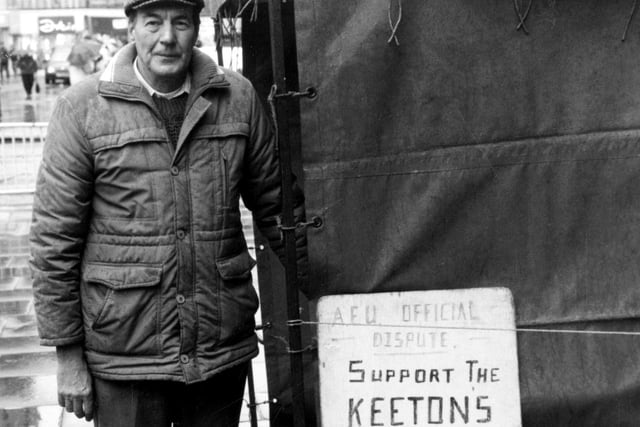 An official picket pictured outside the Town Hall during the final days of the long running Keeton's strike,  March 12, 1994