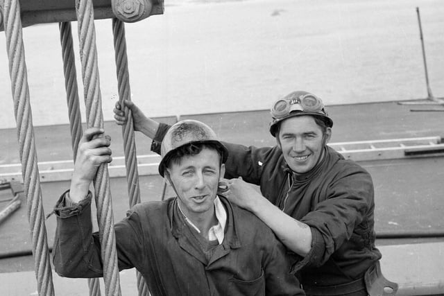 Forth Road Bridge workers James MacDonald and James McKeown on the bridge the day before it was officially opened.