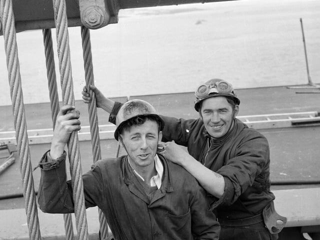 Forth Road Bridge workers James MacDonald and James McKeown on the bridge the day before it was officially opened.