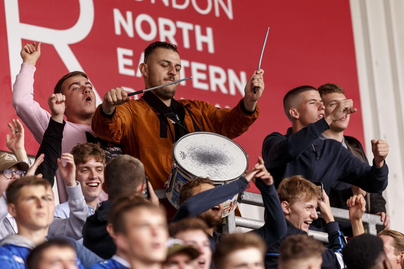 These Pompey fans added to the terrific atmosphere at the Keepmoat.  Picture: Daniel Chesterton/phcimages.com