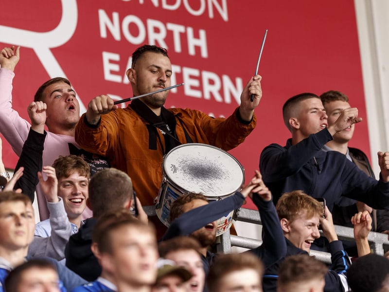 These Pompey fans added to the terrific atmosphere at the Keepmoat. Picture: Daniel Chesterton/phcimages.com