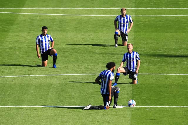 Sheffield Wednesday players take a knee ahead of their encounter with Watford. (Shutterstock via Sheffield Wednesday)