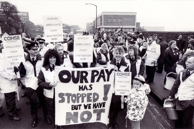 Ambulance workers march through Sheffield to protest about their pay in 1989