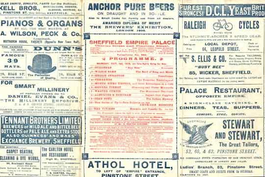 The Empire Palace Theatre's line-up - surrounded by an array of adverts for beer, hats, carpet beating and more - in 1906.