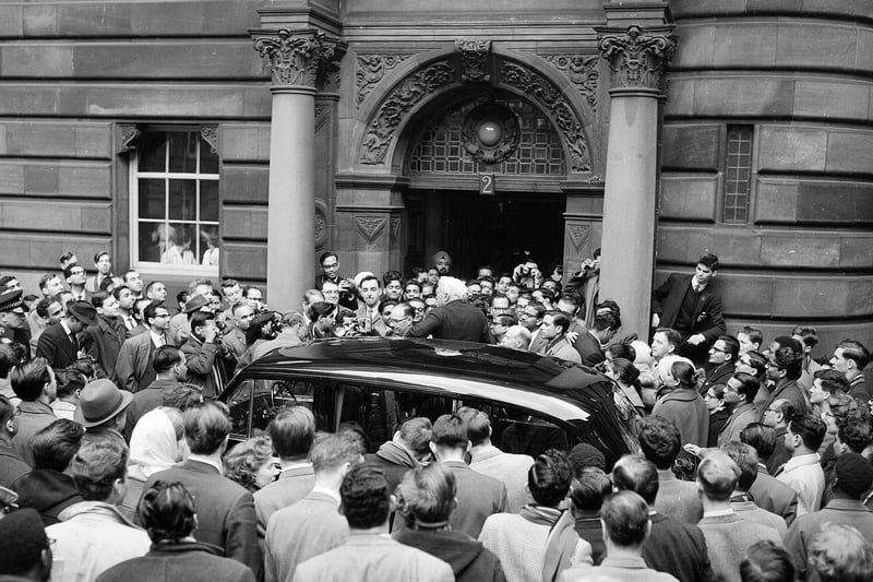 Jawaharlal Nehru, first Prime Minister of India, was at the McEwan Hall to address Indian students in 1961. A crowd gathered around Mr Nehru's car as he climbed onto the running board.