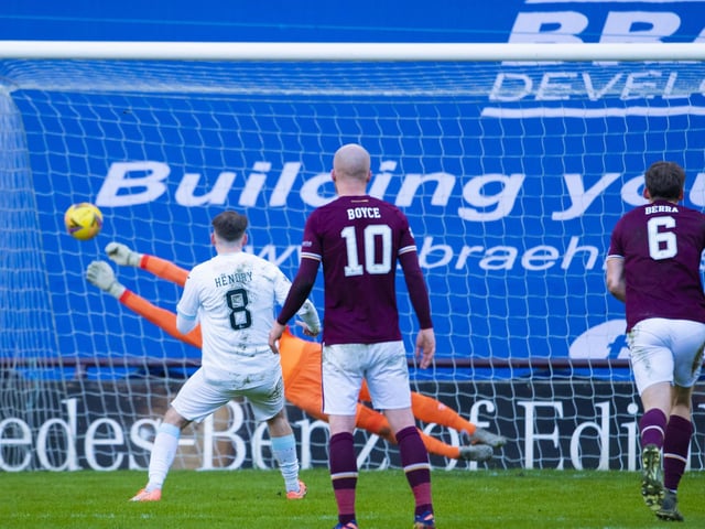 Craig Gordon pulls off a great save to deny Regan Hendry from the penalty spot.