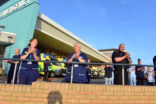 Staff at Sunderland Royal Hospital taking part in the Clap For Our Carers.  For 10 weeks during lockdown hospital staff and the public joined together every Thursday night at 8pm to applaud frontline workers.