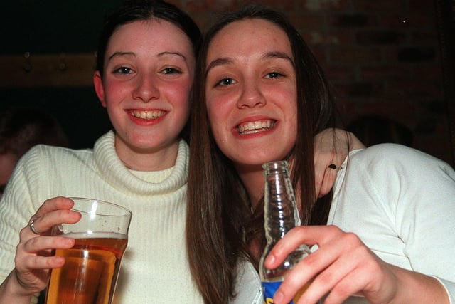 Lucy Green (left) and Hannah Taylor who studied Advanced Business at university enjoyed a drink back in 2003