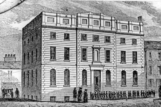 Bluecoat School, with schoolboys, on East Parade, Sheffield, in the mid 19th century. Courtesy of Picture Sheffield