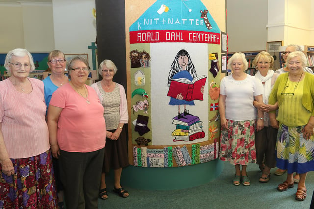 Wirksworth Library's knit and natter group who have knitted a wells dressing based on the works of Roald Dahl in 2016