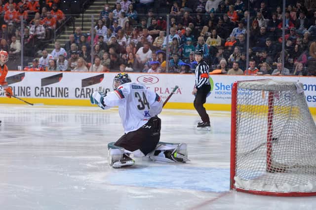 Tanner Eberle scores against Belfast Giants. Picture: Dean Woolley
