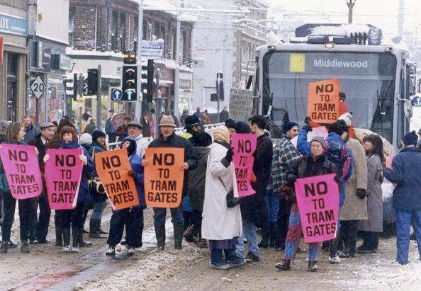 Protest against the introduction of tram gates at Langsett Road, Hillsborough, 1996 (S35383)