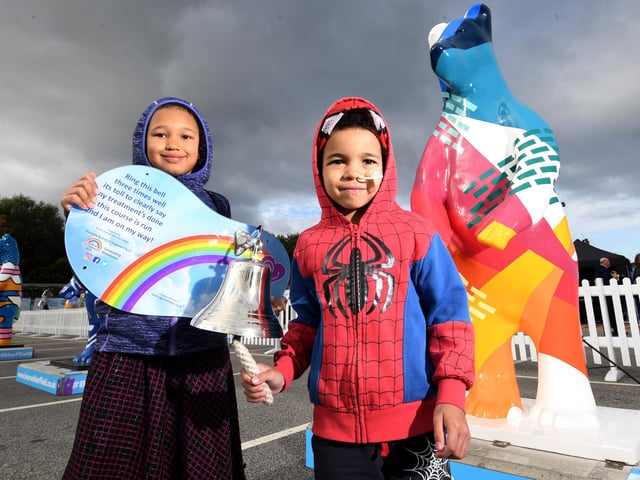 The Bears of Sheffield sculpture trail ran from July to September, when 100 Little Bears decorated by school students and 60 Big Bears, brought to life by professional local and international artists, went on show around the city. The Bears helped to raise £2.75 million to transform Sheffield Children's Hospital's cancer and leukaemia ward. Pictured here are Caleb Masaba-Kituyi and his sister Faith. Caleb rang the bell to mark the end of his two-year treatment at a Bears event in October!