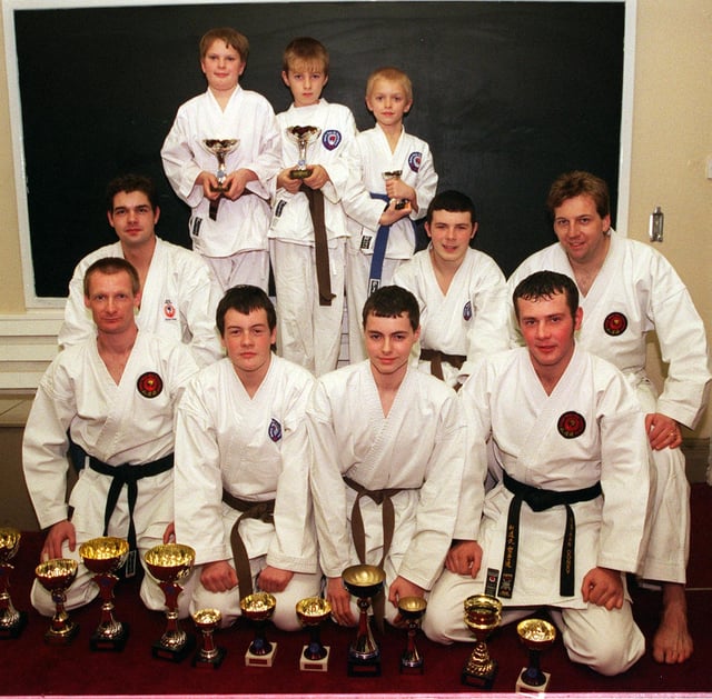 In 1999 the Doncaster Karate Club won 9 Gold place 4 seconds and several 3rd places at a National open championship in Nottingham. Pictured back row from the left, Michael Marshall, Andrew Brownless, Thomas Padley, Robert Marshall, Wayne Auke, Andrew Genery Instructor. Font row from the left; Nigel Turvey, Adam Wilson, John Unwin, Nathan Doney.