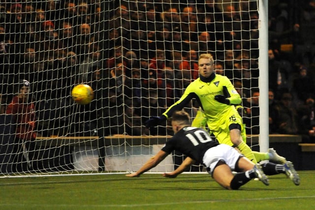 Lewis Vaughan scores the second goal of his hat trick in the 3-0 Scottish Cup win from January 2019.
