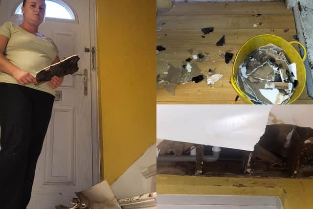 Rebecca Wallis with the damage at her home in Parson Cross.