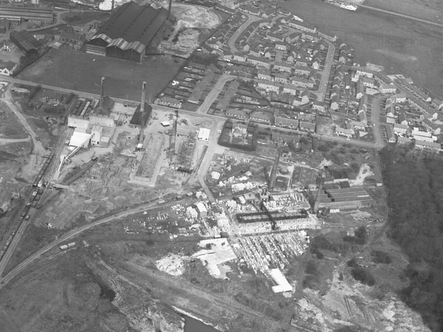 Aerial of Armadale, West Lothian, showing brickworks in foreground. May 1966.