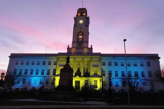 Barnsley Town Hall lit up blue and yellow over the weekend