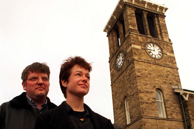 David Cooper and Janet Scholes pictured with the newly restored Firth Park Clock Tower. February 1998