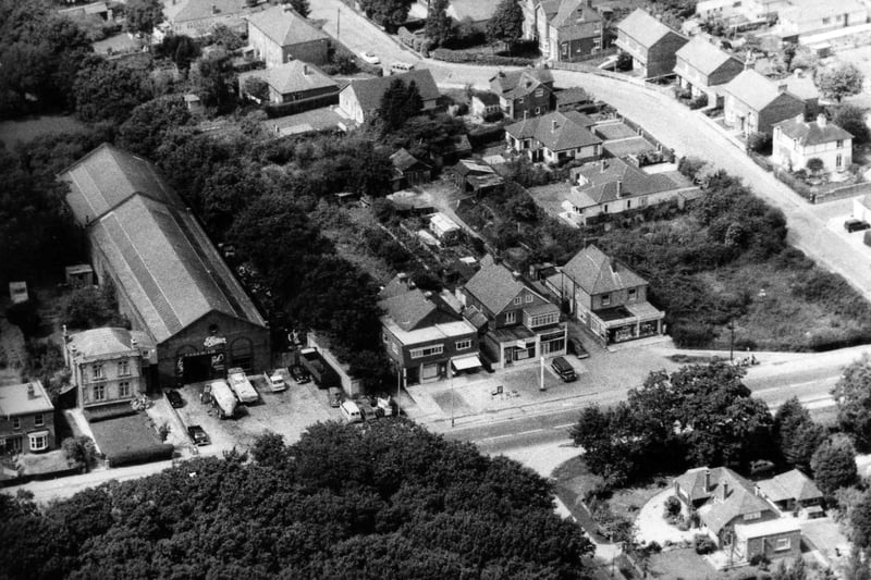 An aerial view of the old tram sheds at Cowplain about 1963