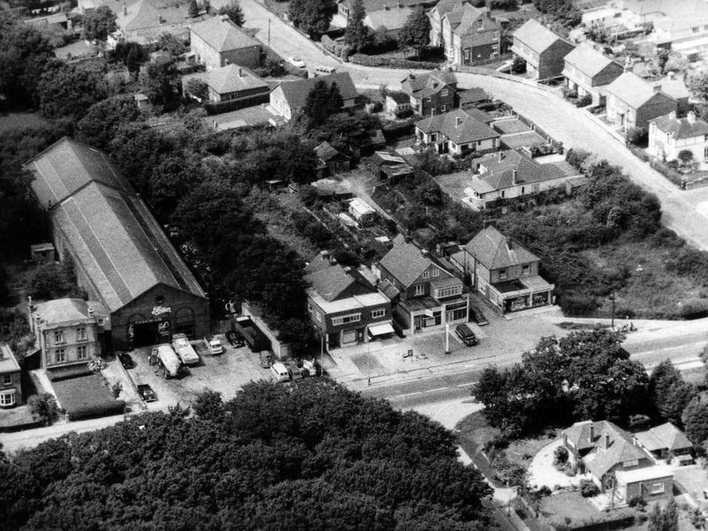 An aerial view of the old tram sheds at Cowplain about 1963