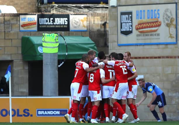 Michael Ihiekwe of Rotherham United celebrates with his team mates after scoring his team's first goal during the Sky Bet Championship match between Wycombe Wanderers and Rotherham United at Adams Park on September 12, 2020 in High Wycombe, England. (Photo by Warren Little/Getty Images)