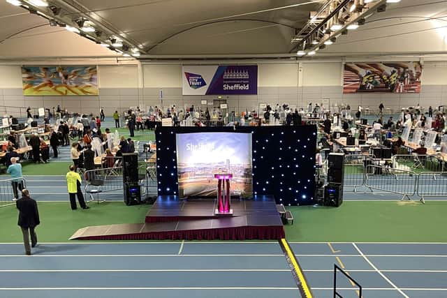 The stage where results were announced at the local election count at the English Institute of Sport Sheffield.