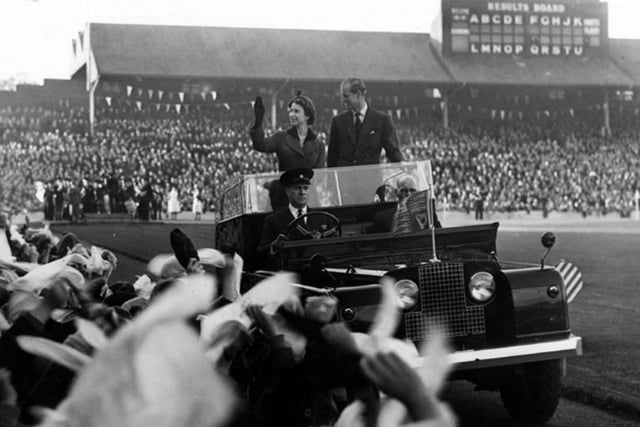 Queen Elizabeth II and the Duke of Edinburgh at Hillsborough Stadium on October 27, 1954