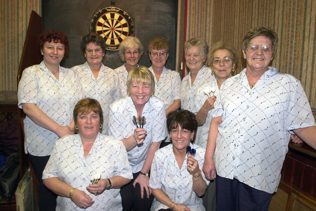 The 2001 Broadway A ladies darts team is, back row, from left, Tracey Summerrs, Jean Halt, Wendy Reiley, June Needham, Margaret Margison, Joyce Travis and Maureen Hindson; front, Lillian Kirton, Evelyn Kilgour and Carol Mitton.