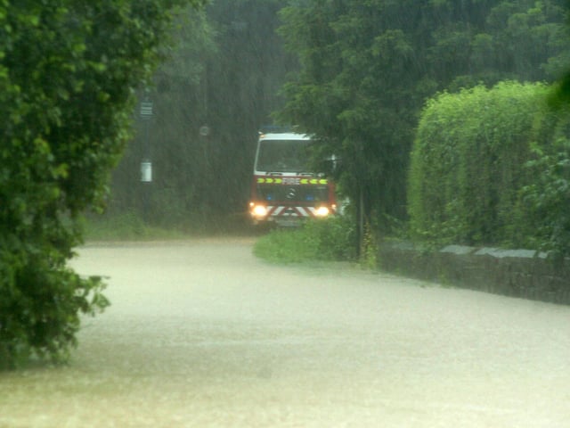 Brodsworth Flood in 2007 - a a fire appliance is pictured in the village
