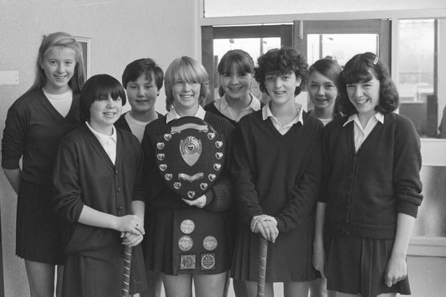 Members of the Thornhill Comprehensive Schools under-16 hockey team.
Pictured are Janet Turnbull, Susan Glatt, Julie Furness, Laura Copley, Tracey Goldsworthy, Maria Anderson, Paula George, Tracey Walker, Angela Fleming, Dee Chisholm, Angela Kerrigan, Gillian Banks and Julie Emmerson.  Captain Janet Turnbull is holding the Town Shield.
