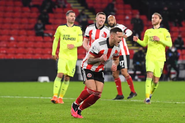 Sheffield United's Billy Sharp celebrates scoring his side's winner from the penalty spot in the 1-0 victory over Newcastle United at Bramall Lane last Tuesday. (Photo by Stu Forster/Getty Images)