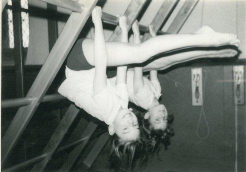 Girls upside down at Sheffield High School gym in 1980