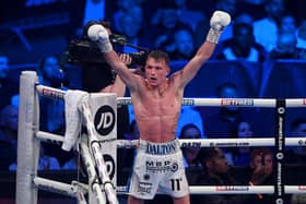 Dalton Smith celebrates after victory in the WBC International Silver Super-Lightweight title fight between Dalton Smith and Ray Moylette at First Direct Arena on March 26, 2022 in Leeds, England. (Photo by Stu Forster/Getty Images)