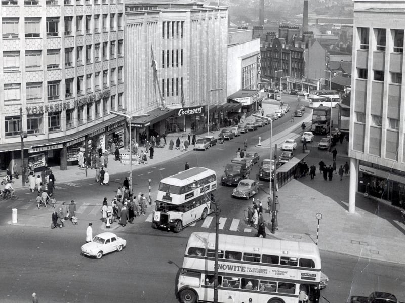 A look down Angel Street, Sheffield, in 1962, with Cockaynes department store and the ABC Cinema to the left and Peter Robinson fashion store on the right