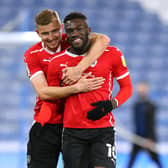 Daryl Dike with Michal Helik after scoring for Barnsley against Huddersfield
