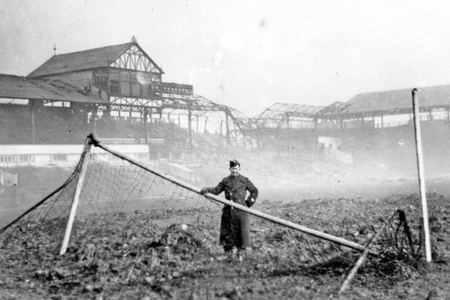 This photo from 1940 shows how Bramall Lane was badly damaged in an air raid, with two large bombs dropping on the pitch and creating craters