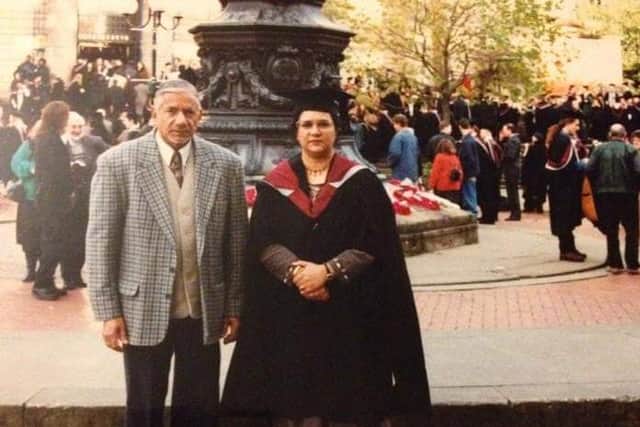 Dr Yasmin Farooq pictured with her dad, Nur Mohammed, after graduating from her social work degree in 1991