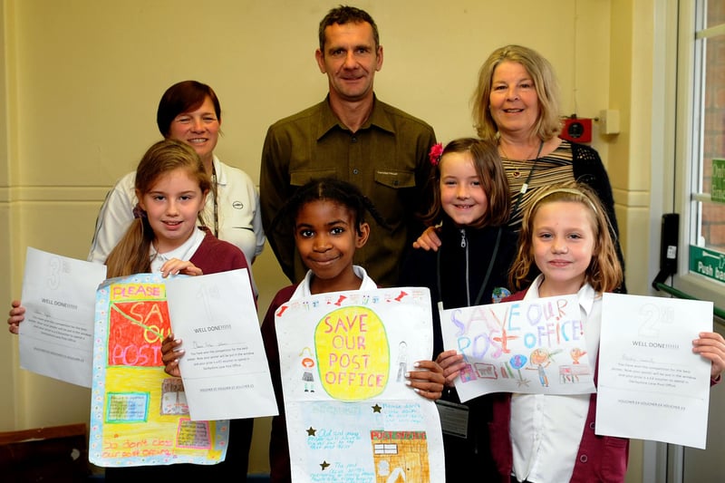 Pupils at  at Mundella School Derbyshire Lane  supported the post office campaign in 2008. Pictured L-R back Sarah Barnwell,Chris Beaumont, Olivia Rose Timms,Barbara Jackson, front row winners, 3rd place Chole Taylor, 1st place Olivia Rose Palmer, & 2nd place Becky Cassidy.