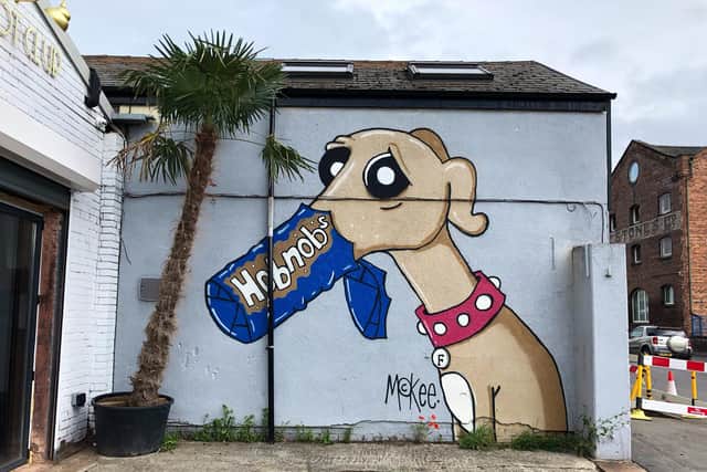 Pete McKee drew the picture of Frank tucking into a packet of Hobnobs on the side of Kelham Arcade on Burton Road, Neepsend, in 2016 and it was something of a local landmark. Pic: The Steel City Snapper.