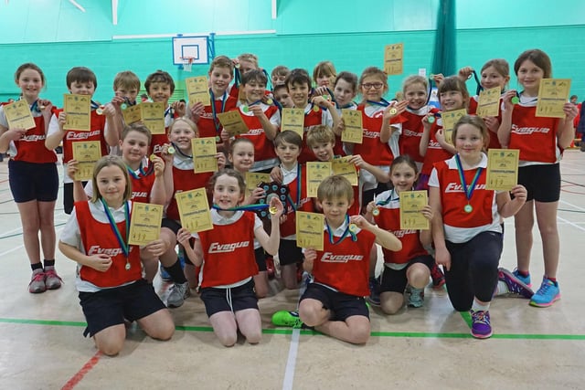Harpur Hill Primary School celebrate winning the small school title at a previous Primary School High Peak Sports Hall Athletics Finals.